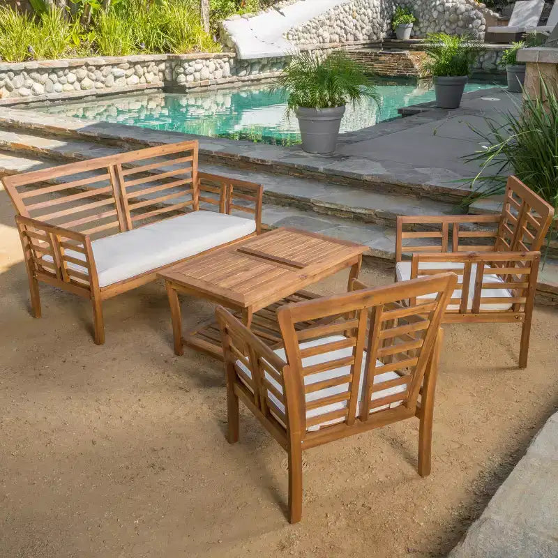 GDFStudio Laurier Outdoor-Sitzgruppe aus Akazienholz für 4 Personen mit Polstern