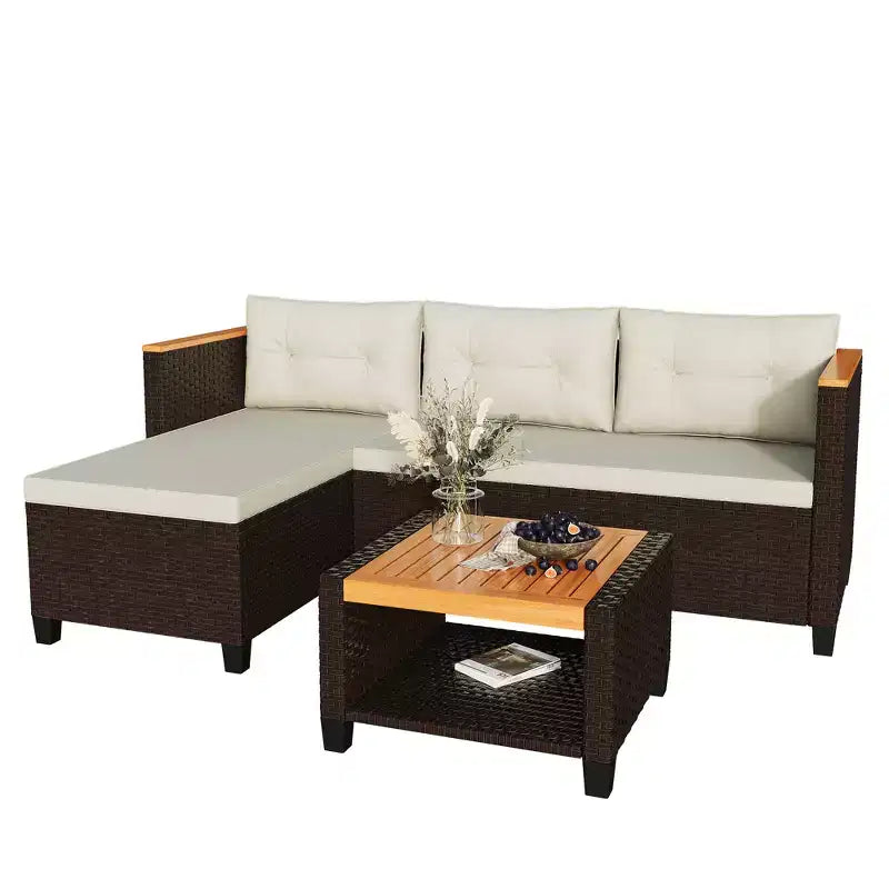 Ensemble de mobilier de jardin 4 places Heynemo, canapé d’angle d’extérieur en rotin PE toutes saisons avec table de rangement, canapé d’extérieur en L avec coussins