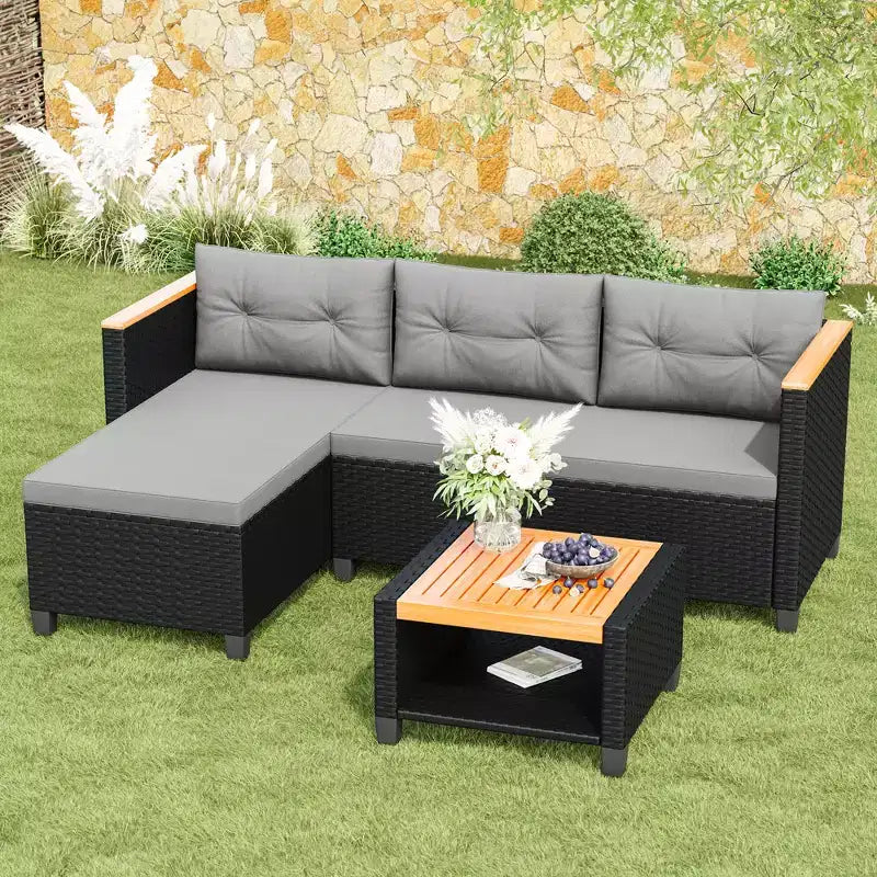 Ensemble de mobilier de jardin 4 places Heynemo, canapé d’angle d’extérieur en rotin PE toutes saisons avec table de rangement, canapé d’extérieur en L avec coussins