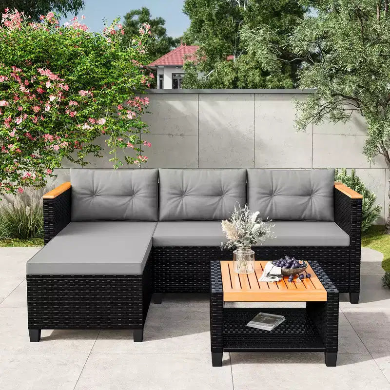Ensemble de mobilier de jardin 4 places Heynemo, canapé d’angle d’extérieur en rotin PE toutes saisons avec table de rangement, canapé d’extérieur en L avec coussins