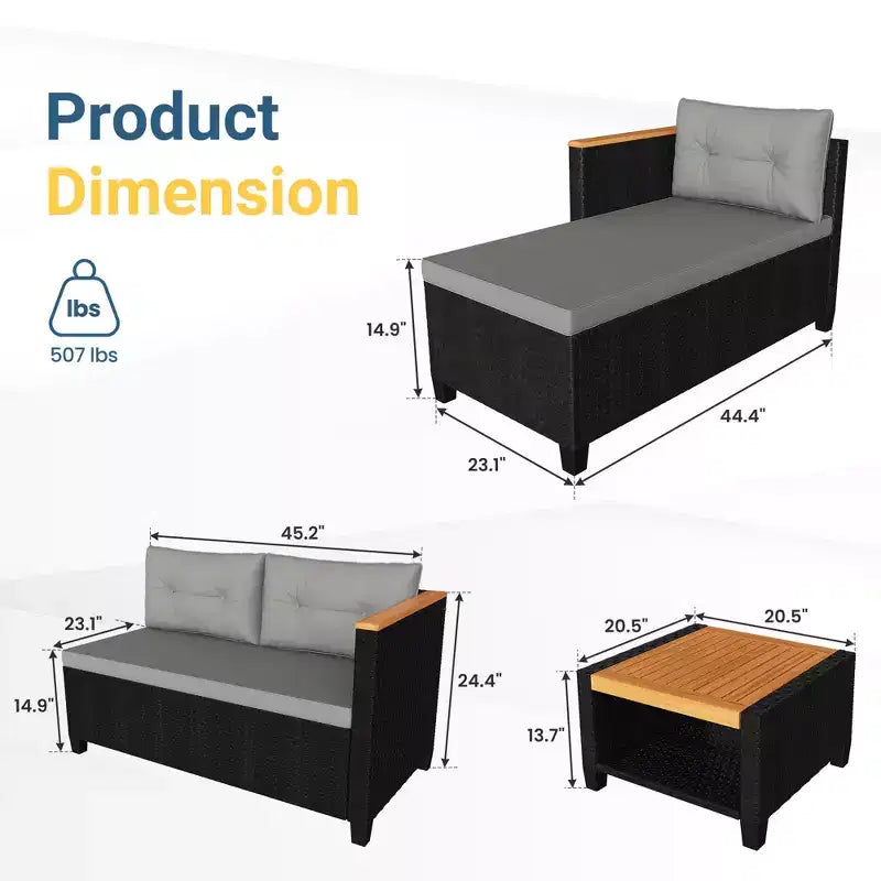 Ensemble de mobilier de jardin 4 places Heynemo, canapé d’angle d’extérieur en rotin PE toutes saisons avec table de rangement, canapé d’extérieur en L avec coussins