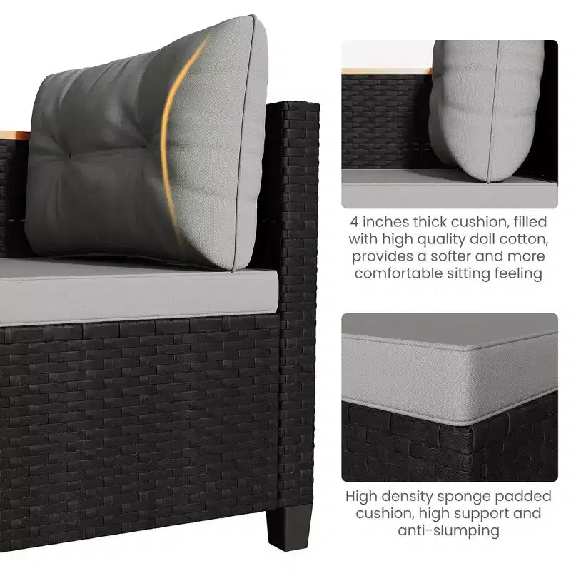 Ensemble de mobilier de jardin 4 places Heynemo, canapé d’angle d’extérieur en rotin PE toutes saisons avec table de rangement, canapé d’extérieur en L avec coussins