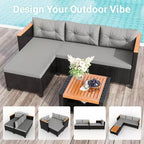 Ensemble de mobilier de jardin 4 places Heynemo, canapé d’angle d’extérieur en rotin PE toutes saisons avec table de rangement, canapé d’extérieur en L avec coussins