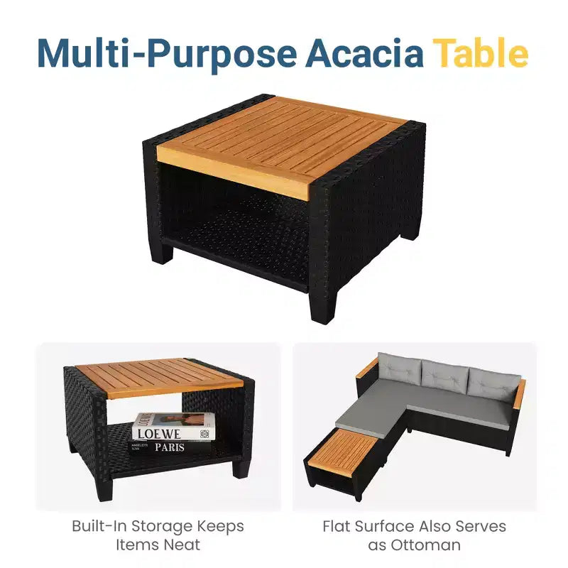 Ensemble de mobilier de jardin 4 places Heynemo, canapé d’angle d’extérieur en rotin PE toutes saisons avec table de rangement, canapé d’extérieur en L avec coussins