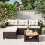 Ensemble de mobilier de jardin 4 places Heynemo, canapé d’angle d’extérieur en rotin PE toutes saisons avec table de rangement, canapé d’extérieur en L avec coussins