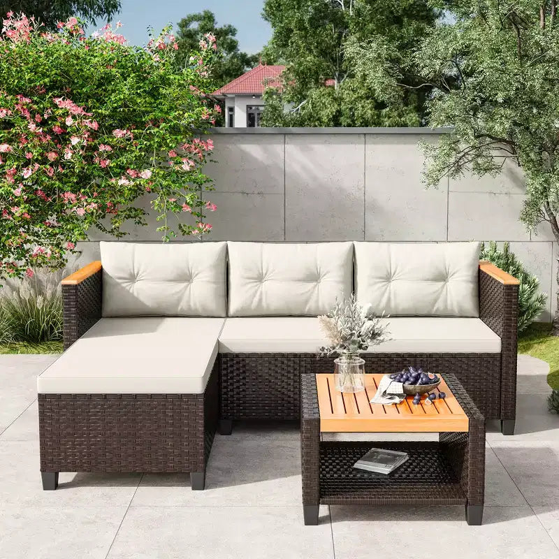 Ensemble de mobilier de jardin 4 places Heynemo, canapé d’angle d’extérieur en rotin PE toutes saisons avec table de rangement, canapé d’extérieur en L avec coussins