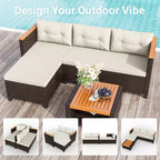 Ensemble de mobilier de jardin 4 places Heynemo, canapé d’angle d’extérieur en rotin PE toutes saisons avec table de rangement, canapé d’extérieur en L avec coussins