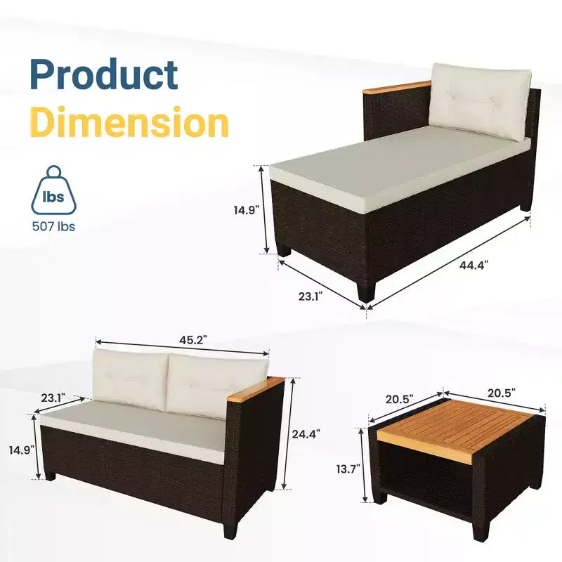 Ensemble de mobilier de jardin 4 places Heynemo, canapé d’angle d’extérieur en rotin PE toutes saisons avec table de rangement, canapé d’extérieur en L avec coussins
