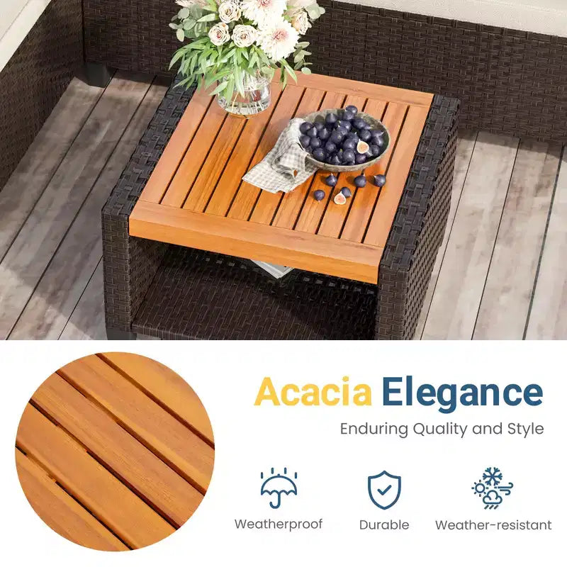 Ensemble de mobilier de jardin 4 places Heynemo, canapé d’angle d’extérieur en rotin PE toutes saisons avec table de rangement, canapé d’extérieur en L avec coussins