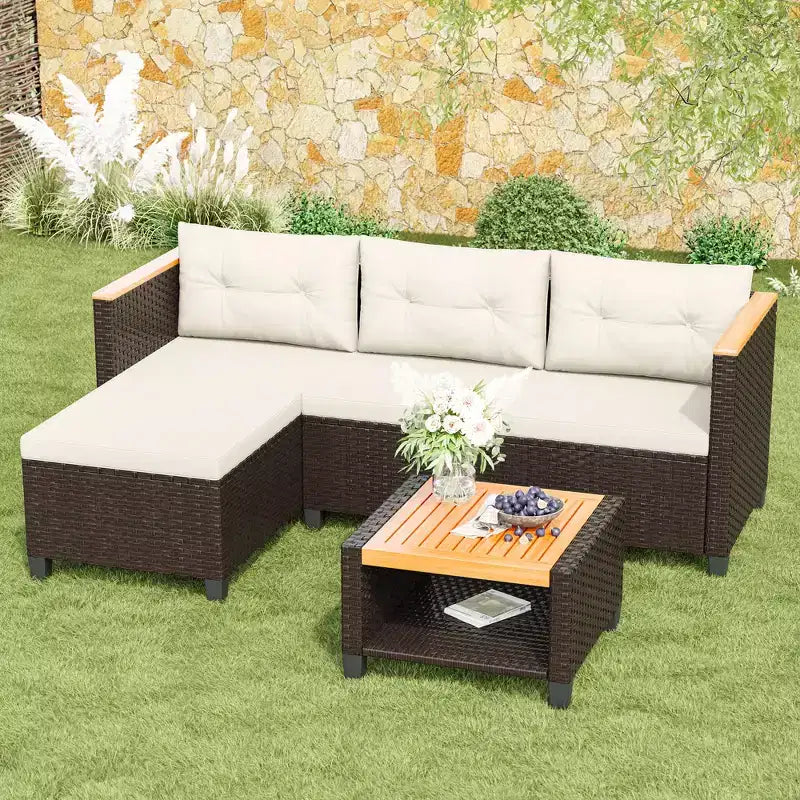 Heynemo 4-Seat Patio Furniture Set, All-Weather PE Rattan Outdoor Sectional with Storage Table, L Shape Outdoor Couch with Cushions