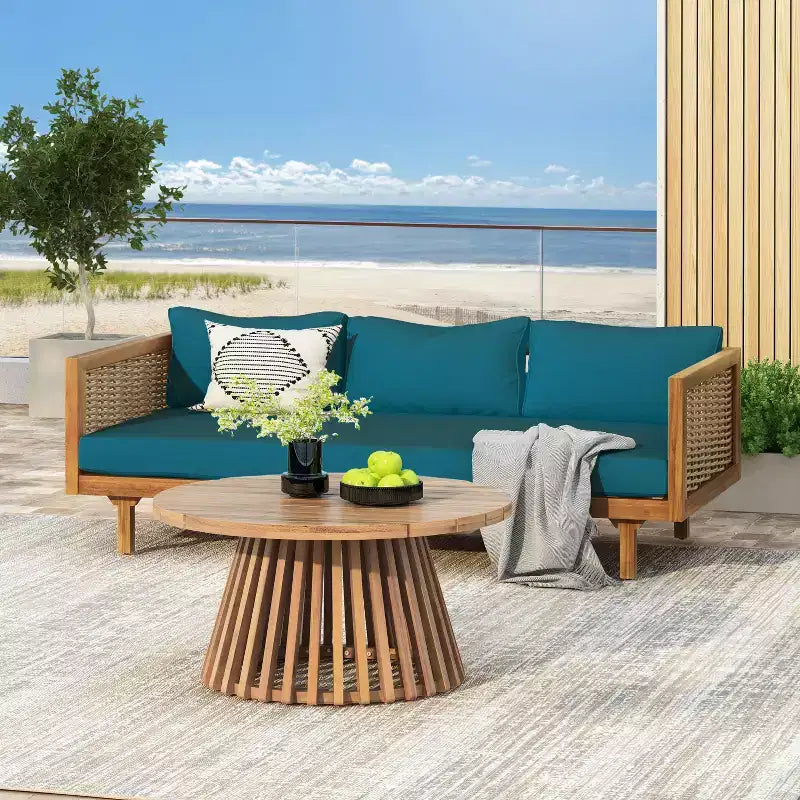 2 Pieces Patio Furniture Sets With 67.5 Length 3 Seater Gray Rattan Arm Sofa And 31.5 Round Acacia Wood Table