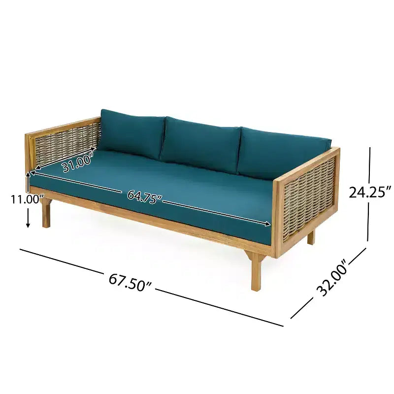 2 Pieces Patio Furniture Sets With 67.5 Length 3 Seater Gray Rattan Arm Sofa And 31.5 Round Acacia Wood Table