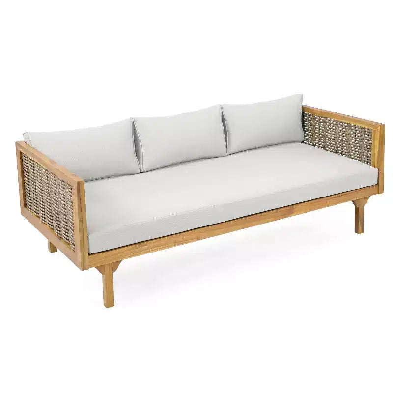 2 Pieces Patio Furniture Sets With 67.5 Length 3 Seater Gray Rattan Arm Sofa And 31.5 Round Acacia Wood Table
