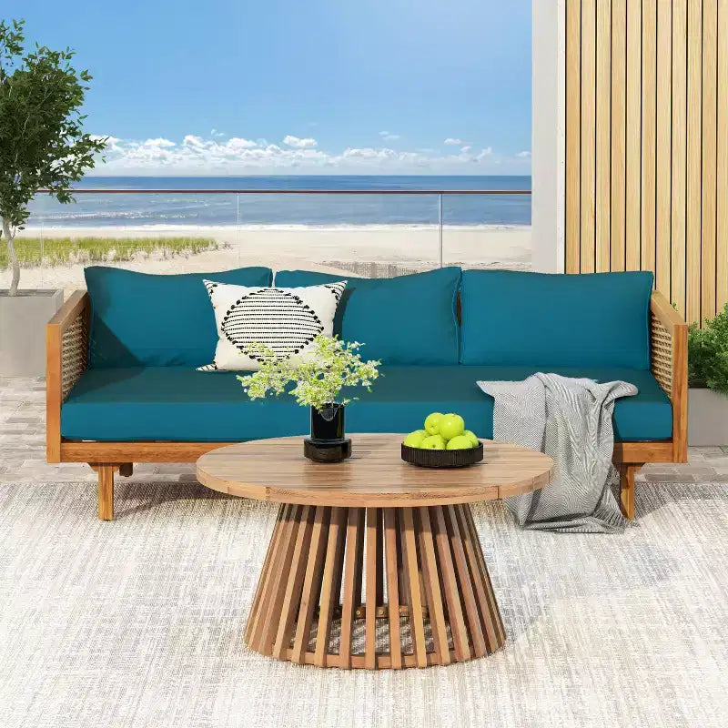 2 Pieces Patio Furniture Sets With 67.5 Length 3 Seater Gray Rattan Arm Sofa And 31.5 Round Acacia Wood Table
