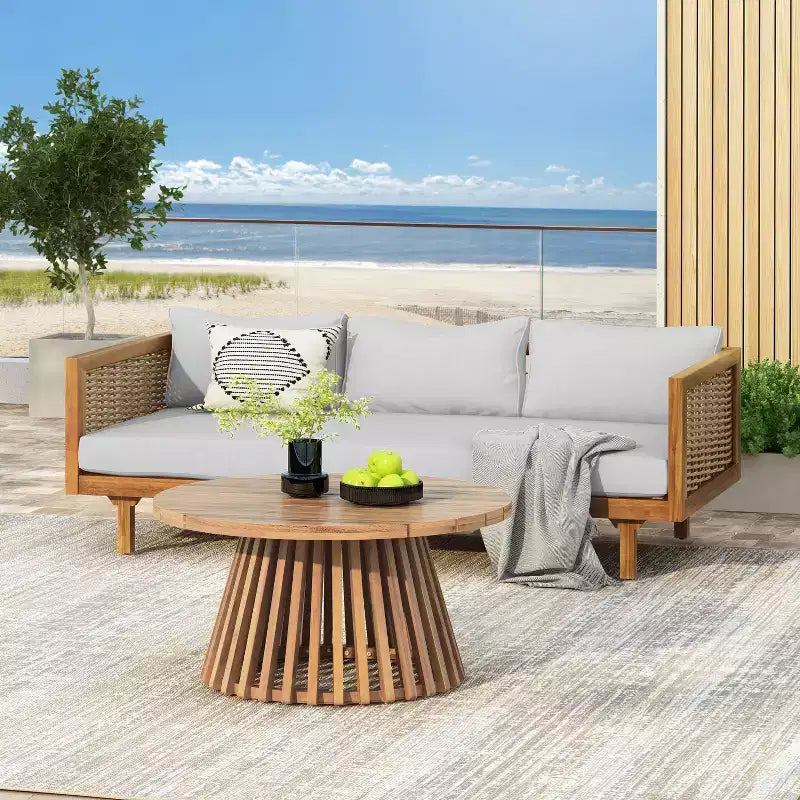 2 Pieces Patio Furniture Sets With 67.5 Length 3 Seater Gray Rattan Arm Sofa And 31.5 Round Acacia Wood Table