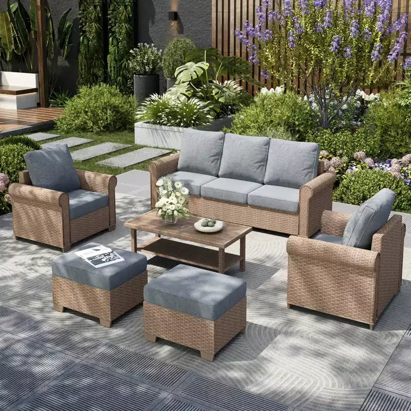 Captiva Designs 6 részes luxus fonott teraszos beszélgetőgarnitúra ívelt karfákkal és párnákkal