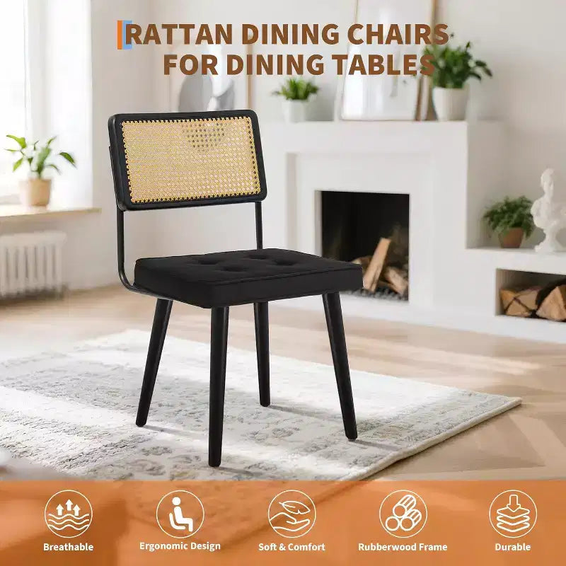 GustoWave rattan háttámlás étkezőszék (2 darabos szett), vintage étkezőszék, fekete
