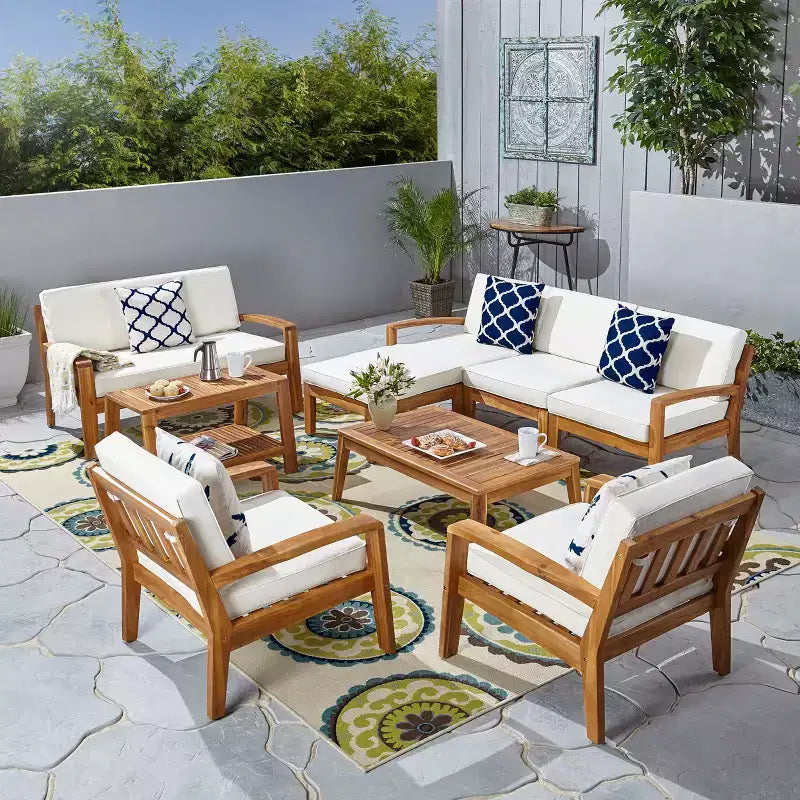 GDFStudio Parma Outdoor Acacia Wood 7 Seater Sectional Sofa Chat Set with Ottoman