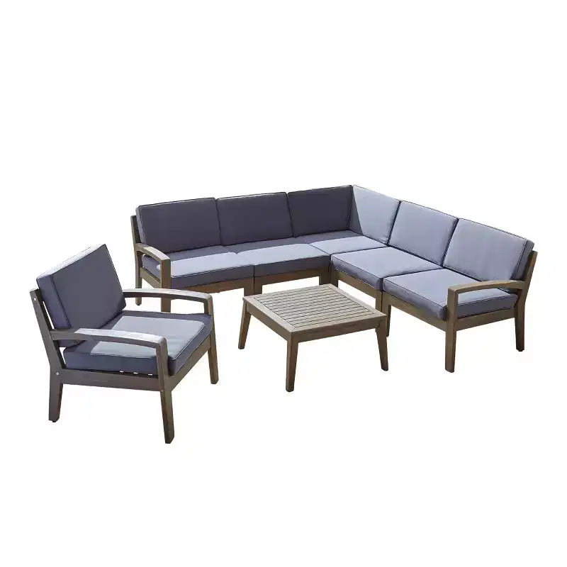 Ensemble GDFStudio Parma de canapé modulaire 6 places et fauteuil club en bois d’acacia pour extérieur, avec coussins