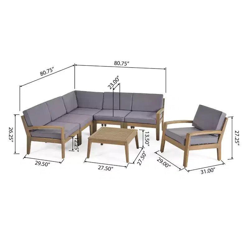Ensemble GDFStudio Parma de canapé modulaire 6 places et fauteuil club en bois d’acacia pour extérieur, avec coussins