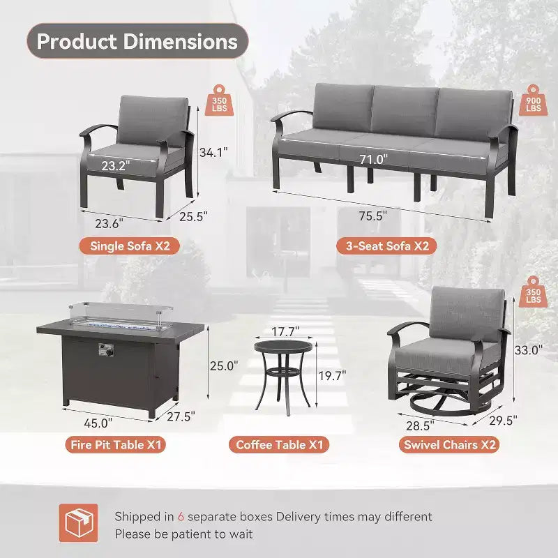 Ensemble de mobilier de patio en aluminium ALAULM pour 10 personnes, salon de jardin moderne en métal avec table brasero, fauteuils à bascule pivotants, canapé de patio et coussins de 5.1 pouces