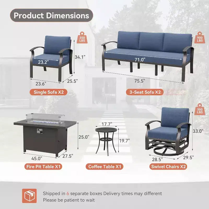Ensemble de mobilier de patio en aluminium ALAULM pour 10 personnes, salon de jardin moderne en métal avec table brasero, fauteuils à bascule pivotants, canapé de patio et coussins de 5.1 pouces