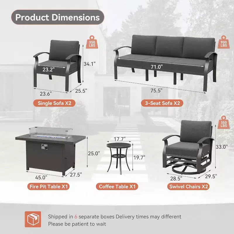 Ensemble de mobilier de patio en aluminium ALAULM pour 10 personnes, salon de jardin moderne en métal avec table brasero, fauteuils à bascule pivotants, canapé de patio et coussins de 5.1 pouces