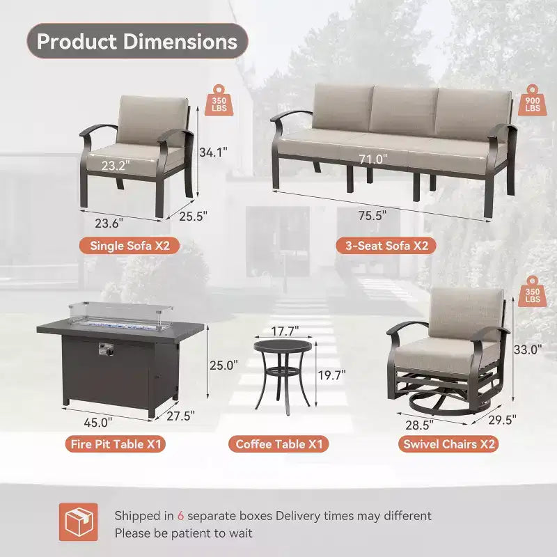 Ensemble de mobilier de patio en aluminium ALAULM pour 10 personnes, salon de jardin moderne en métal avec table brasero, fauteuils à bascule pivotants, canapé de patio et coussins de 5.1 pouces