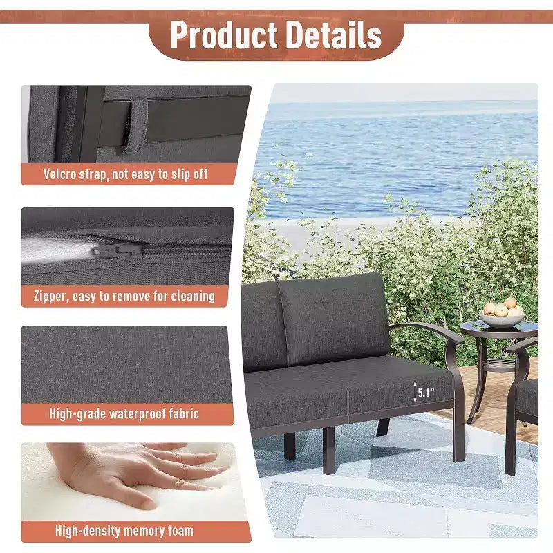 Ensemble de mobilier de patio en aluminium ALAULM pour 10 personnes, salon de jardin moderne en métal avec table brasero, fauteuils à bascule pivotants, canapé de patio et coussins de 5.1 pouces