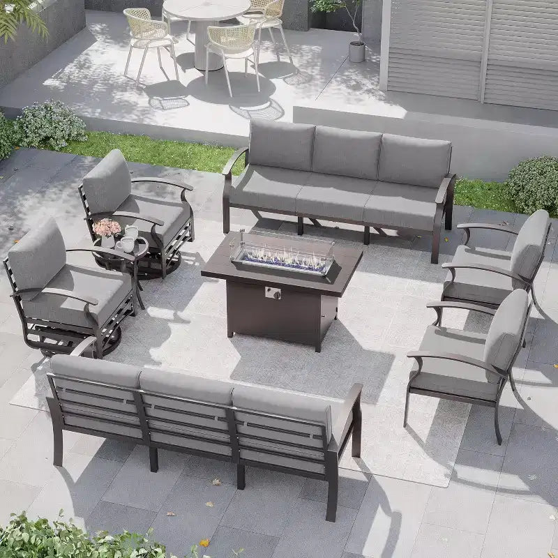 ALAULM 10-zits aluminium tuinmeubelset, moderne metalen conversatieset voor buiten met vuurtafel, draaibare schommelstoel en terrasbank met 5.1inch kussen