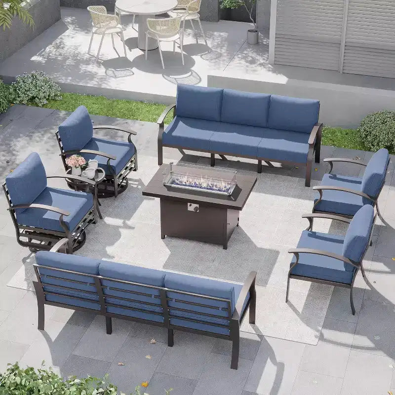 ALAULM 10-zits aluminium tuinmeubelset, moderne metalen conversatieset voor buiten met vuurtafel, draaibare schommelstoel en terrasbank met 5.1inch kussen