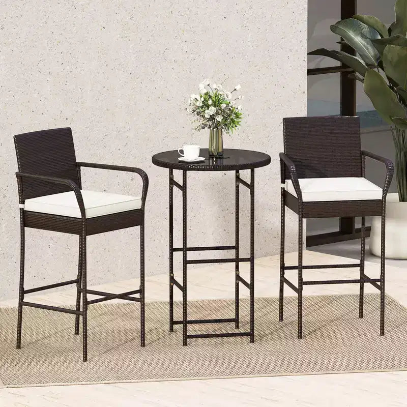 Costway 3 Piece Outdoor Bar Set Heavy-Duty Metal Barstool & Table Set with Glass Tabletop