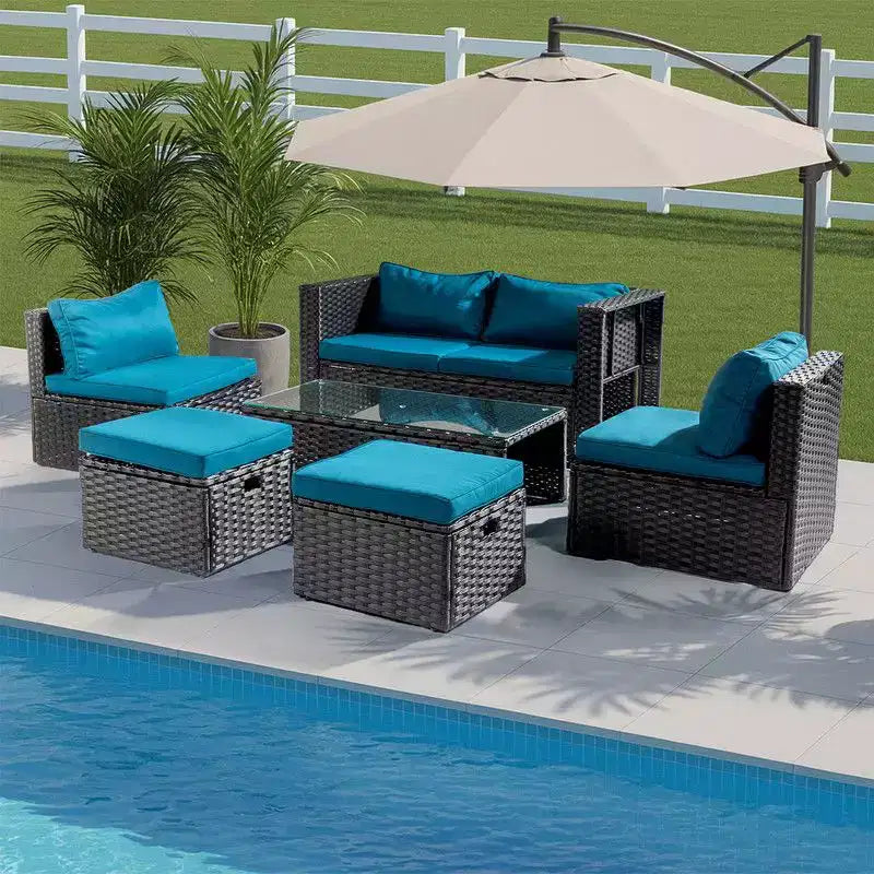 Karl Home Patio 6-Piece Black Wicker Conversation Set with Malachite Green Cushions