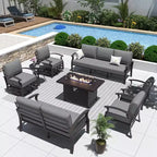 ALAULM Aluminum Patio Furniture Set with Propane Fire Pit Table 10-seat Metal Outdoor Furniture Grey