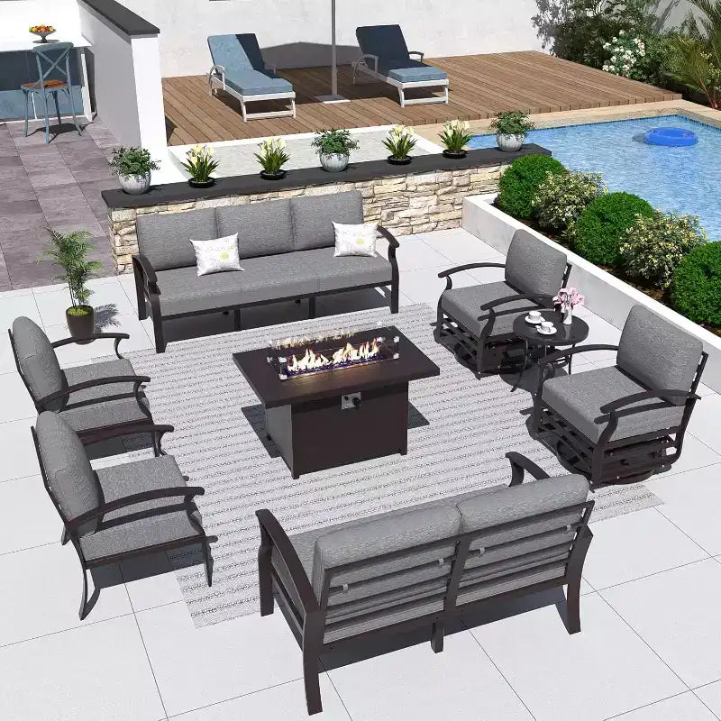 ALAULM Ensemble de mobilier de terrasse en aluminium avec table brasero au propane, mobilier d’extérieur en métal pour 10 personnes, gris