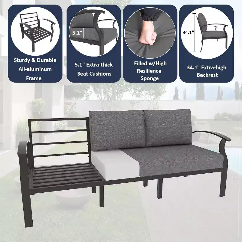 ALAULM Ensemble de mobilier de terrasse en aluminium avec table brasero au propane, mobilier d’extérieur en métal pour 10 personnes, gris