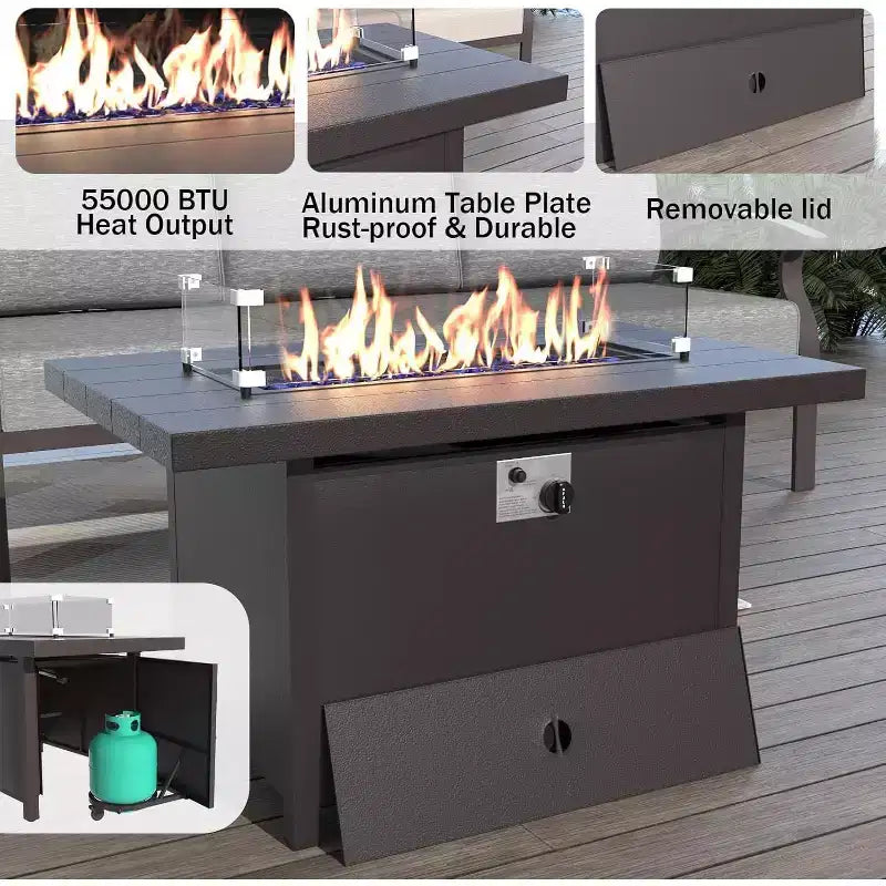 ALAULM Ensemble de mobilier de terrasse en aluminium avec table brasero au propane, mobilier d’extérieur en métal pour 10 personnes, gris