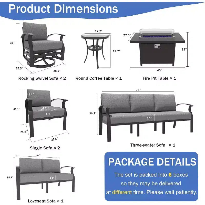 ALAULM Ensemble de mobilier de terrasse en aluminium avec table brasero au propane, mobilier d’extérieur en métal pour 10 personnes, gris