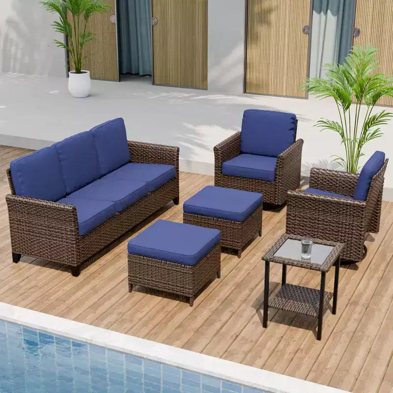 EAGLE PEAK Ocean Vista 6-teiliges Gartensofaset aus Wicker in verschiedenen Brauntönen mit drehbaren Sesseln und 3-Sitzer-Sofa