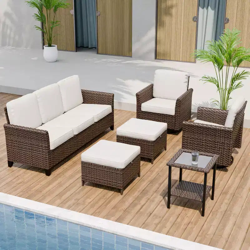 EAGLE PEAK Ocean Vista 6-teiliges Gartensofaset aus Wicker in verschiedenen Brauntönen mit drehbaren Sesseln und 3-Sitzer-Sofa