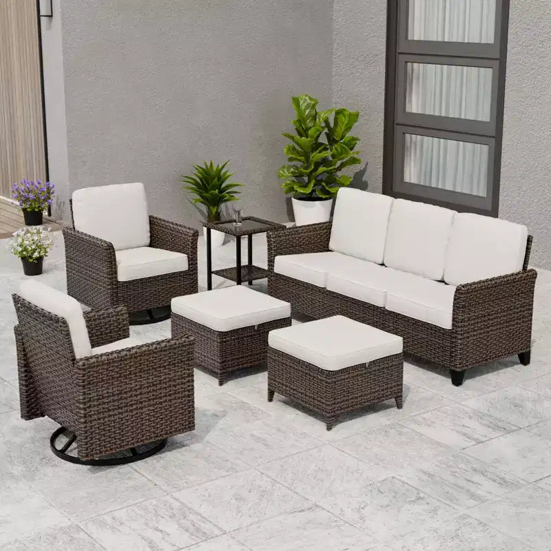 EAGLE PEAK Ocean Vista 6 piece Patio Variated Brown Wicker Sofa Set Swivel Chairs, 3-Seat Sofa