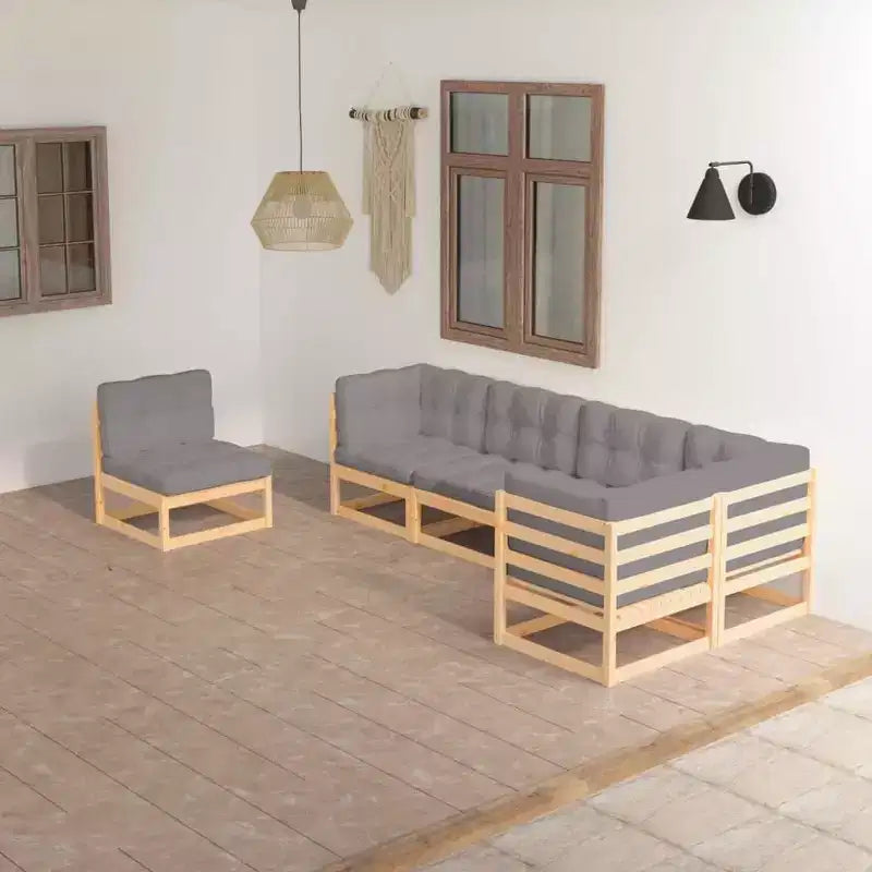 Set da salotto da giardino vidaXL in legno naturale e grigio, legno massello di pino, 100% poliestere