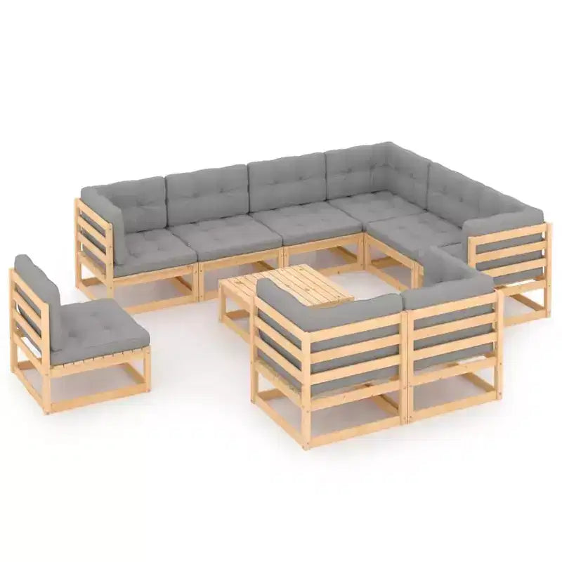 vidaXL Patio Furniture Set 10 Piece Outdoor Sectional Sofa Solid Wood Pine - Natural With Cushions