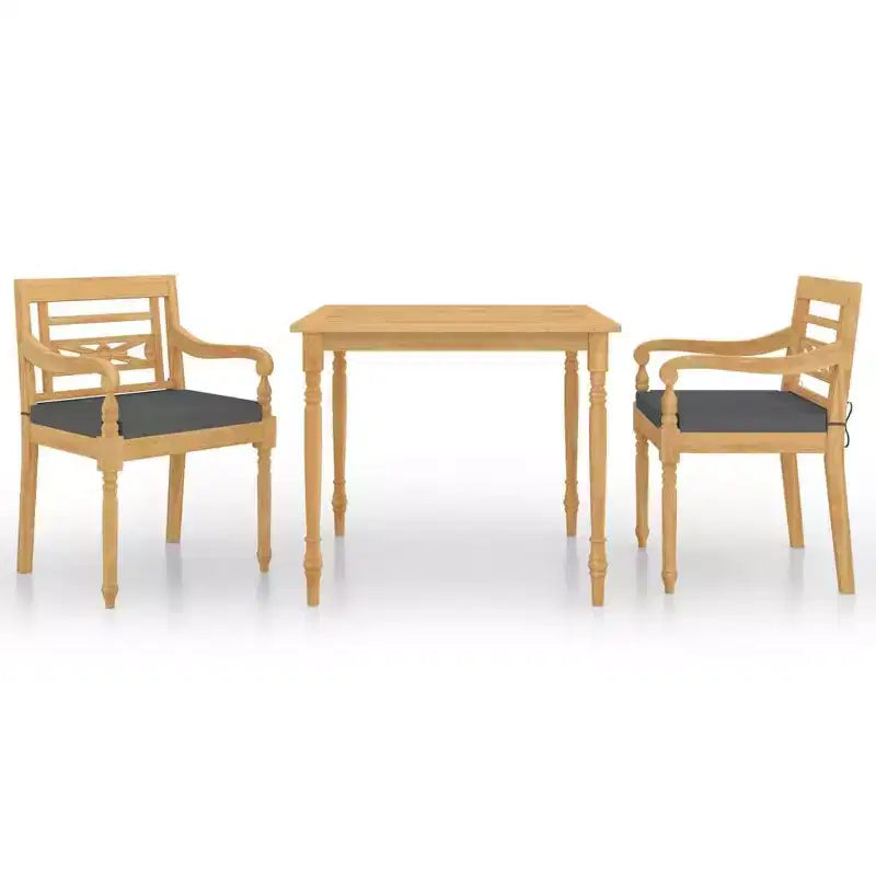vidaXL Outdoor Dining Set - 3 Piece Patio Set, Solid Teak Wood, Square Table, Retro Style, Cushioned Chairs, Dark Grey Cushions