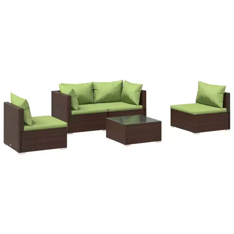 vidaXL Patio Lounge Set with Modular Design, Powder-Coated Steel Frame, Water-Resistant PE Rattan and Cushions - Brown & Green