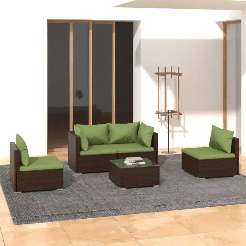 Ensemble de salon de jardin vidaXL au design modulaire, structure en acier peint par poudrage, rotin PE résistant à l’eau et coussins – marron et vert