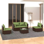 Ensemble de salon de jardin vidaXL au design modulaire, structure en acier peint par poudrage, rotin PE résistant à l’eau et coussins – marron et vert