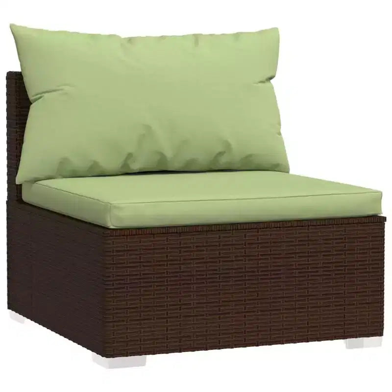 Ensemble de salon de jardin vidaXL au design modulaire, structure en acier peint par poudrage, rotin PE résistant à l’eau et coussins – marron et vert