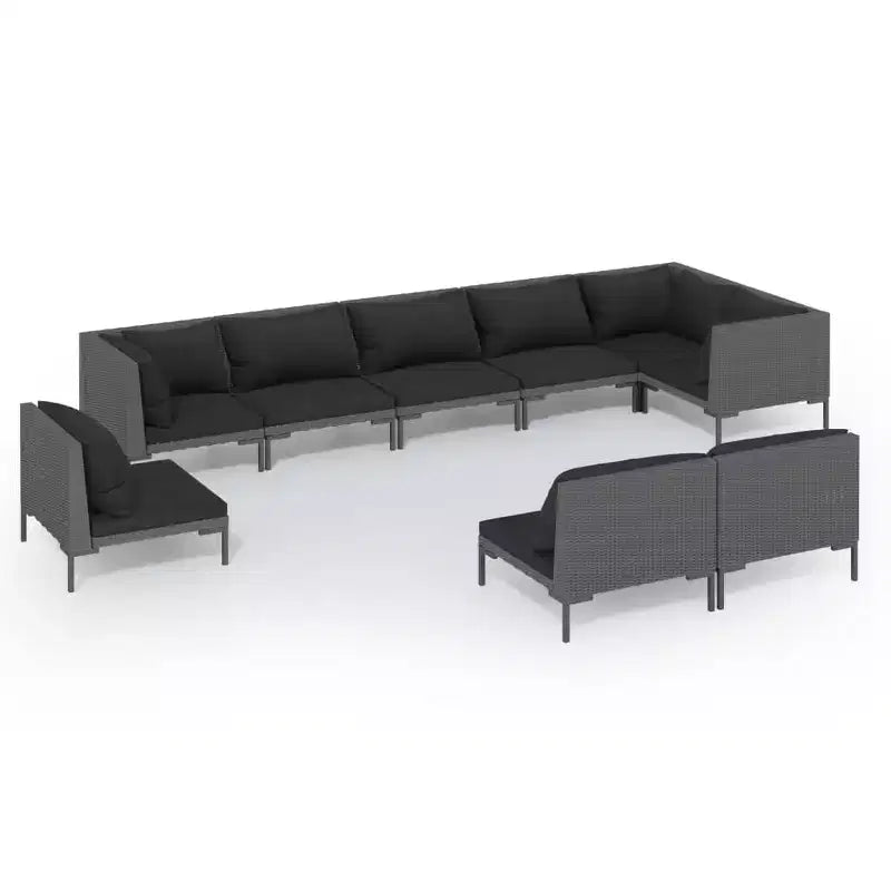 vidaXL Outdoor Patio Lounge Set - 9 Piece Poly Rattan with Cushions in Dark Gray - Sturdy Powder-Coated Steel Frame - Modern Style