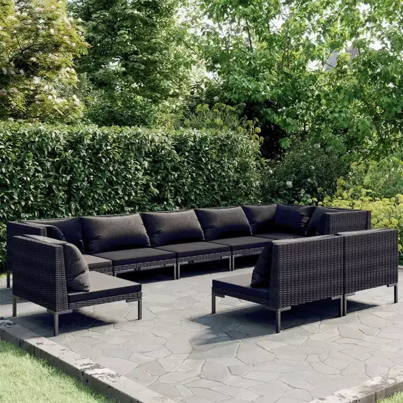Ensemble de salon de jardin vidaXL – 9 pièces en polyrotin avec coussins gris foncé – cadre robuste en acier thermolaqué – style moderne